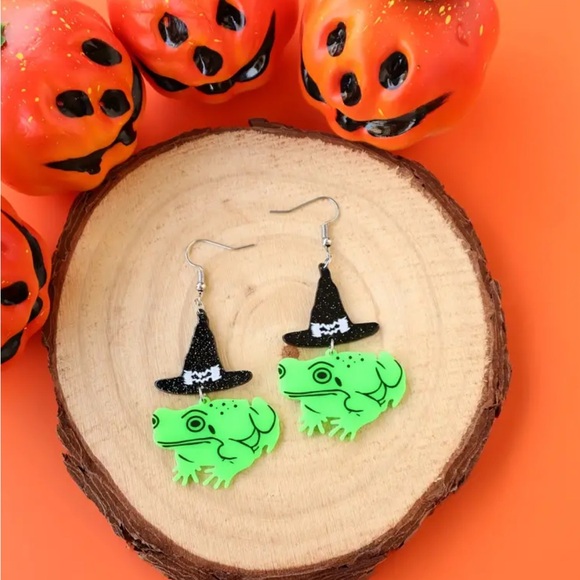 Fashion Jewelry Jewelry - Halloween Black Hat Frog Dangle Earrings